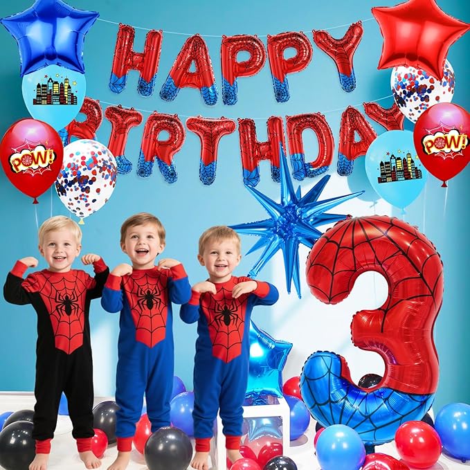 Spider Web Number 3 Balloon Birthday Decoration, Superhero Themed 40in Giant Mylar Number Party Supplies