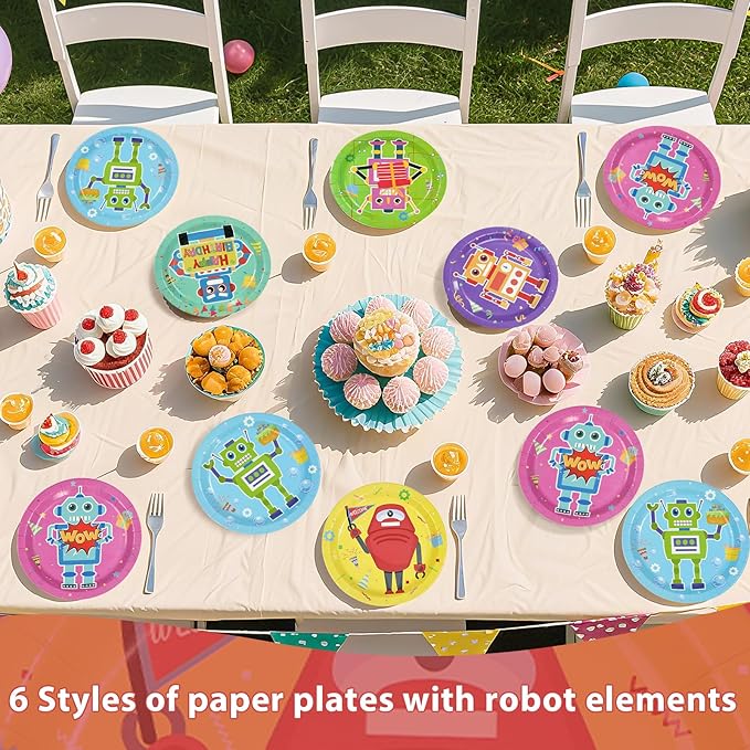 60Pcs Robot Birthday Party Decorations 9 Inch Disposable Heavy Duty Robot Birthday Paper Plates Cartoon Robots Funny Colorful Dessert Themed Plates for Boys Kids Baby Shower Game Party Supplies