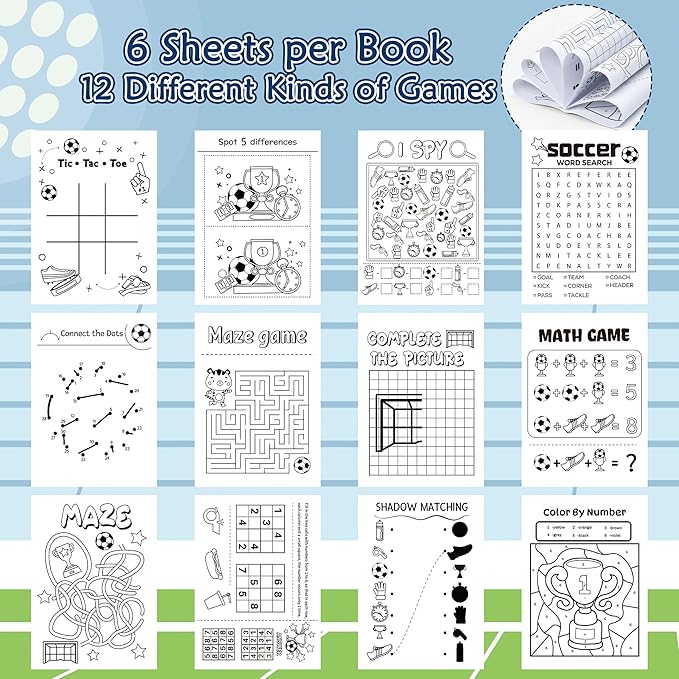 Dvbonike 24Pcs Soccer Activity Books for Kids - Football Mini Fun Games Coloring Book in Bulk Animals Sport Goal Party Favors Goodie Bags Stuffers for Birthday Classroom School Rewards Supplies