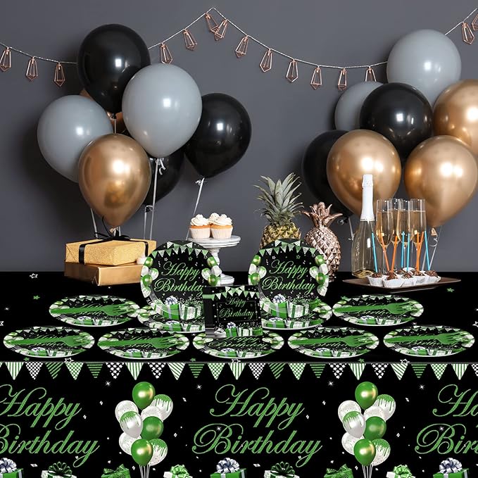 61 Pcs Green Silver Black Birthday Decorations Green Themed Party Tableware Set Confetti Sprinkles Decor Includes Plates Napkins Tablecloth for Men Women Dinner Gathering Supplies Serves 20 Guests