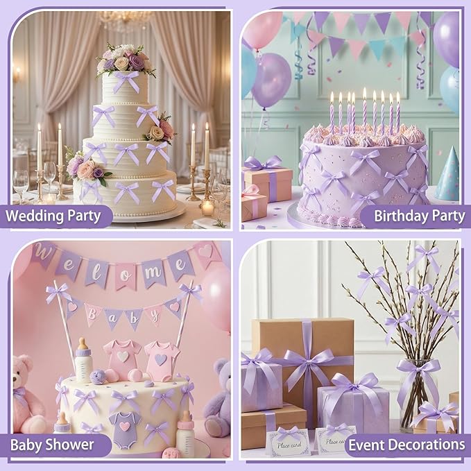 30 Pack Bow Cake Toppers Purple Ribbons Bows for Cake Bow Cupcake Toppers Purple Bow Birthday Decorations for Baby Shower Birthday Wedding Party Supplies