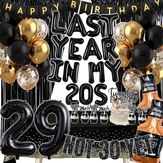 Last Year In my 20S Birthday Party Supplies for Men 29th Birthday Decorations include Balloon Banner Not 30 Yet Glitter Banner Cake Topper Cupcake Toppers Tablecloths(black and gold)