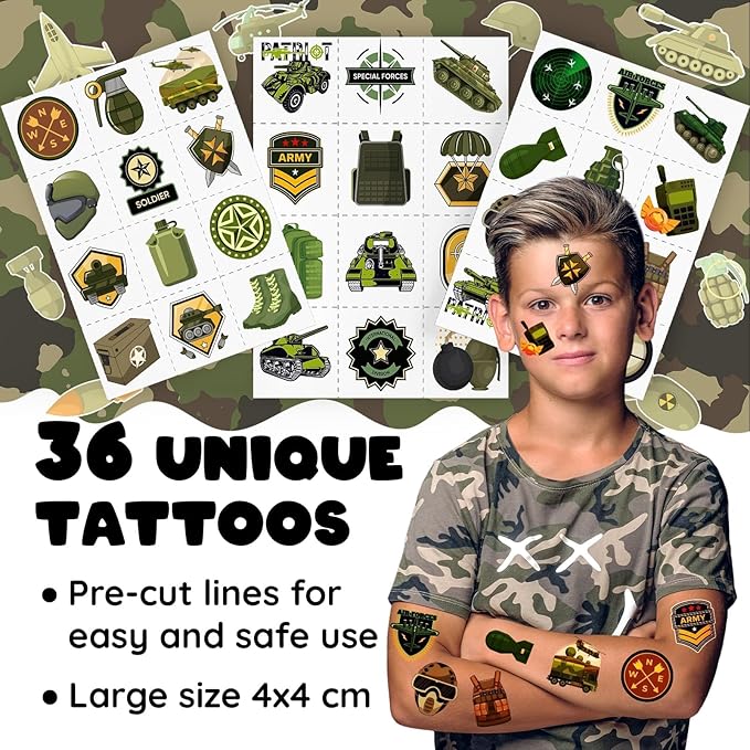 60 PCS Army Party Favors Set - 36 Temporary Tattoos & 24 Slap Bracelets for Kids, Perfect for Army-Themed Birthday Supplies, Classroom Rewards and Military Party Decorations
