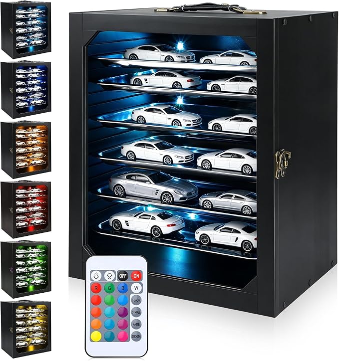 AceOrbit Miniature Storage Carrying Case for Collectibles with LED Light Strip, 6 Trays and Lock Wooden Miniatures Display Case Transport Shelves with Handle for Action Figure Model Collectibles Black