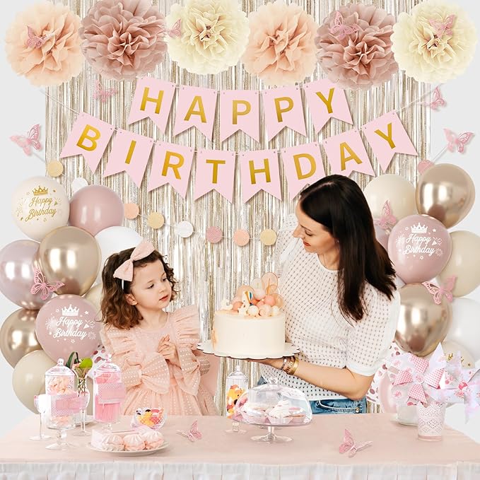 Boho Dusty Pink Birthday Decorations for Women Girls, Blush Beige Gold Metallic Printed Balloons Butterfly Stickers Fringe Curtain Happy Birthday Banner Circle Dots Garland Paper Pompom Party Supplies