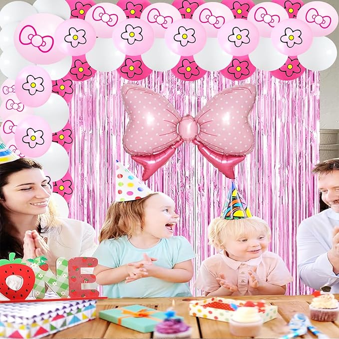 23Pcs Cartoon Cat Birthday Decorations, Pink 3.3x8.2ft Tinsel Foil Fringe Curtains Banners and Cute Bow tie Balloons for Cute Cat Theme Birthday Party Decorations Boys and Girls Party Supplies