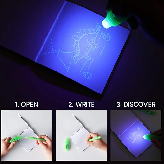 BONNYCO Invisible Ink Pen and Notebook Pack 32, Dinosaur Party Favors for Kids. Magic Spy Pen Goodie Bags Stuffers for Kids, Dinosaur Birthday Party Supplies. Goody Bag Stuffers, Return Gifts Prizes