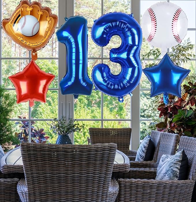 Baseball Balloons 13th Birthday Decorations for Boy, Baseball Birthday Decoration Threenager Sports Theme Party Supplies, 32Inch Foil Mylar 13 Balloon Navy Blue Red White Sports Balloon Arch Kits