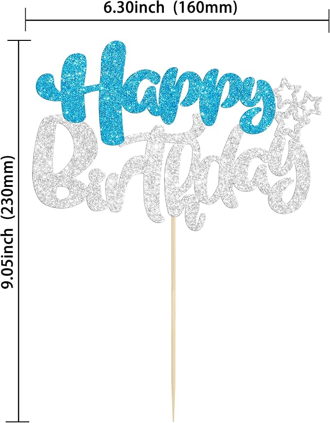 Ephlyn 1Pcs Happy Birthday Cake Topper Glitter Happy Birthday Cake Pick for Winter Wonderland Baby Shower Theme Anniversary Party Decorations Supplies Blue Silver
