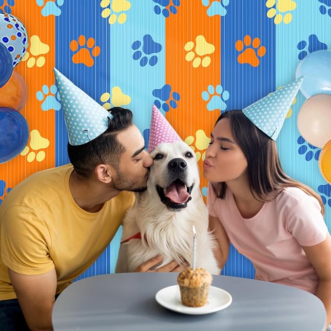 2 Packs Dog Fringe Curtains 3.3 x 6.6 ft Dog Paw Foil Fringe Backdrop Orange Light Blue Tinsel Streamers for Baby Shower Birthday Party Supplies Decorations