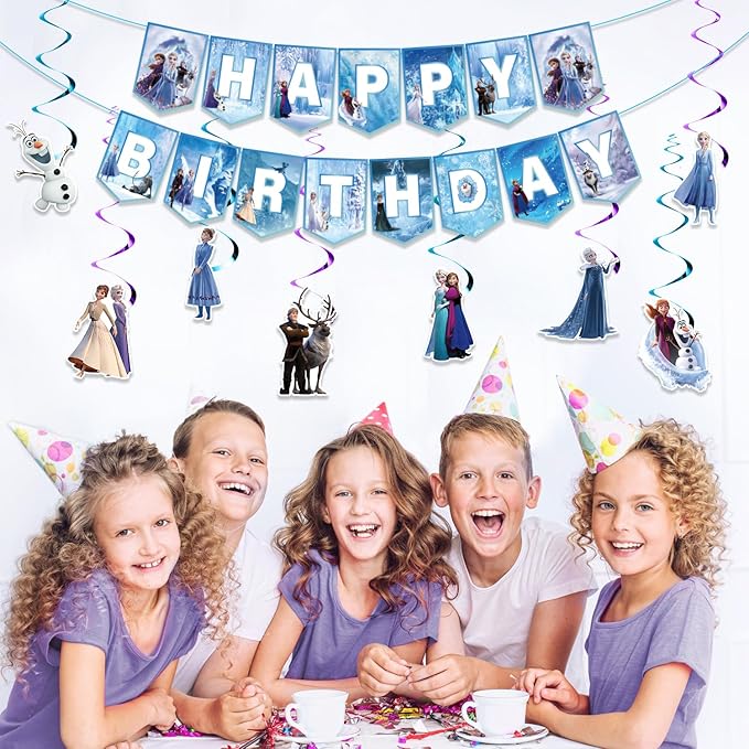 Cute Popular Cartoon Theme Decorations Banner Hanging Swirls, Cute Blue Happy Birthday Decorations for Fans, Party Supplies for Girls Boys