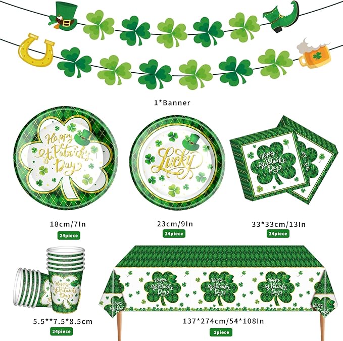 St. Patrick's Day Party Supplies Tableware Set Irish Themed Tableware with Lucky Shamrock Paper Plates Napkins Cups Tablecloth Banner for St. Patrick's Day Party Decorations, Serves 24