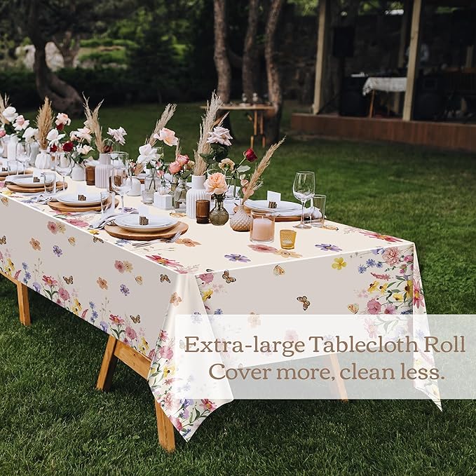 Kochorie Spring Floral Tablecloth Roll 54 Inch x 100 Feet Plastic Flower Tablecloth Roll Wildflower Butterfly Disposable Table Cover for Spring Tea Party Supplies Birthday Wedding Party Decorations