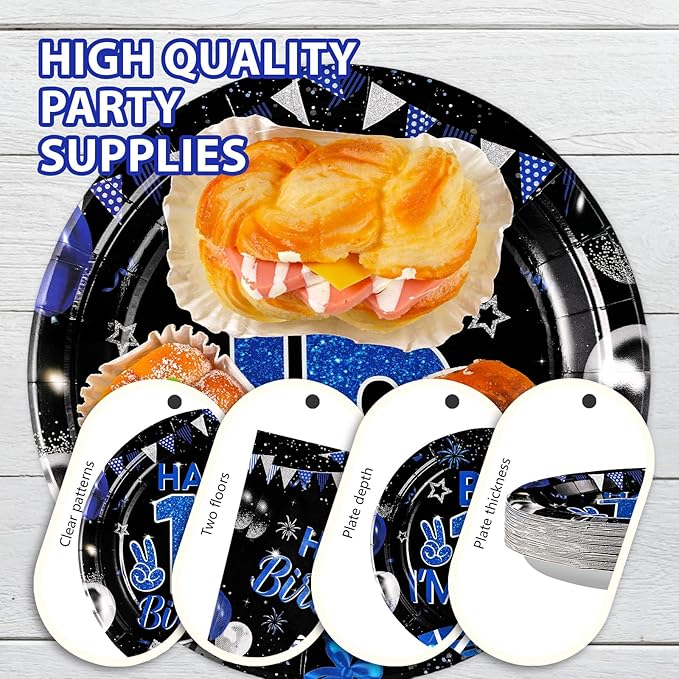 Grencian 96Pcs 16th Birthday Party Decorations for Boys Blue and Black 16th Birthday Plates Disposable Official Teen 16 Tableware for Teen Boys I’m 16 Bro 16 Years Old Party Supplies Serves 24