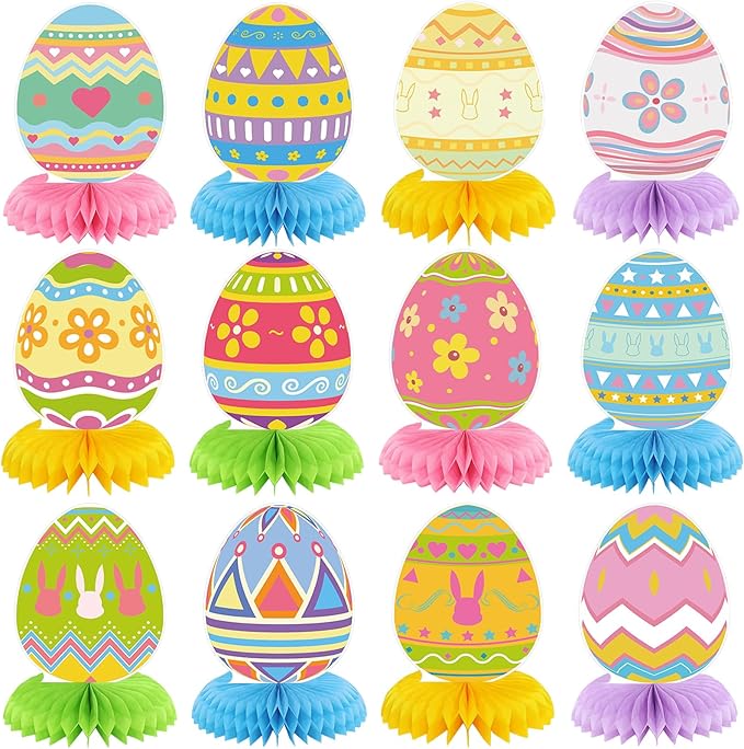 12 Pcs Happy Easter Honeycomb Centerpieces for Tables 3D Easter Rabbit Egg Bunny Centerpiece Table Decorations for Spring Holiday Birthday Photo Prop Party Supplies Tiered Tray Decor