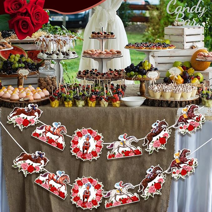 Derby Day Decorations Horse Racing Party Banners Party Supplies Horse Racing Garland Streamers Decorations, Pre-assembled(Rose Style)