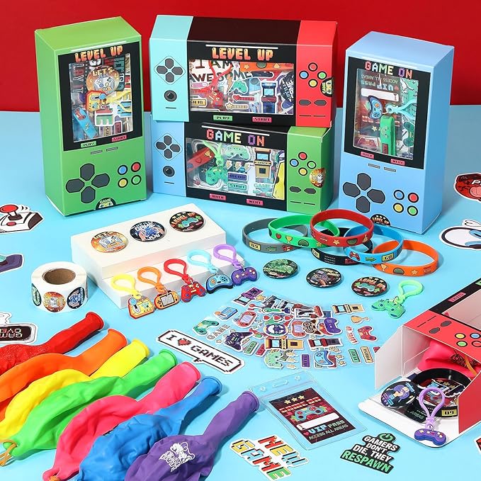 147 Pcs Video Game Party Favors for Kids Gamer Goodie Bag Stuffers Gaming Birthday Party Supplies with Gift Boxes, VIP Pass, Balloons, Bracelets, Keychains, Badges, 3D Stickers (Blue)