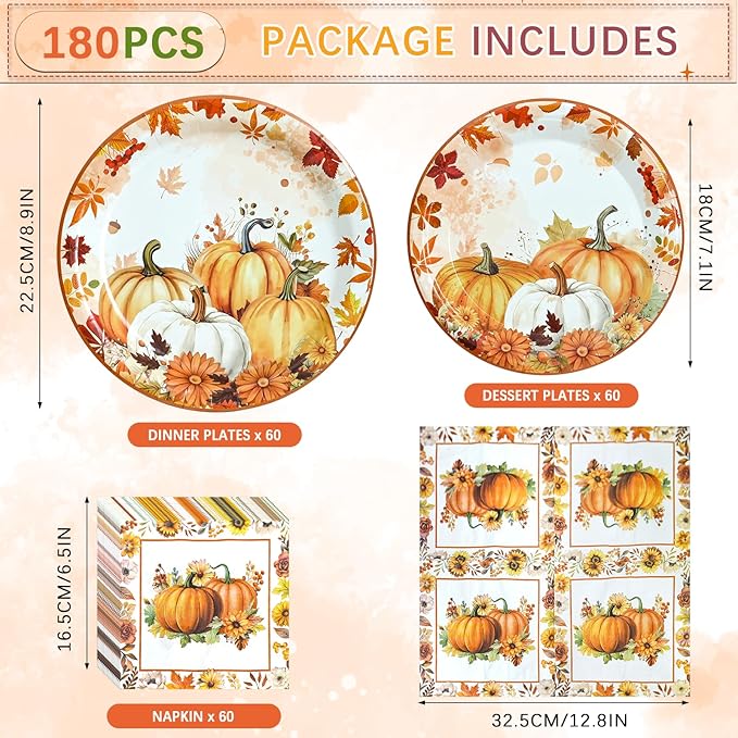 180 Pcs Fall Paper Plates and Napkins,Thanksgiving and Pumpkin Plates Disposable Dinnerware Set for Autumn Thanksgiving Party Supplies,Serve 60 Guests