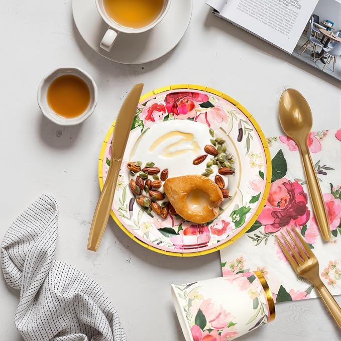 168Pcs Paper Plates Floral Rose Gold Party Plates and Napkins Vintage Flower Disposable Tableware Serve for 24 Bridal Shower Wedding Baby Shower Tea Party Supplies Decorations