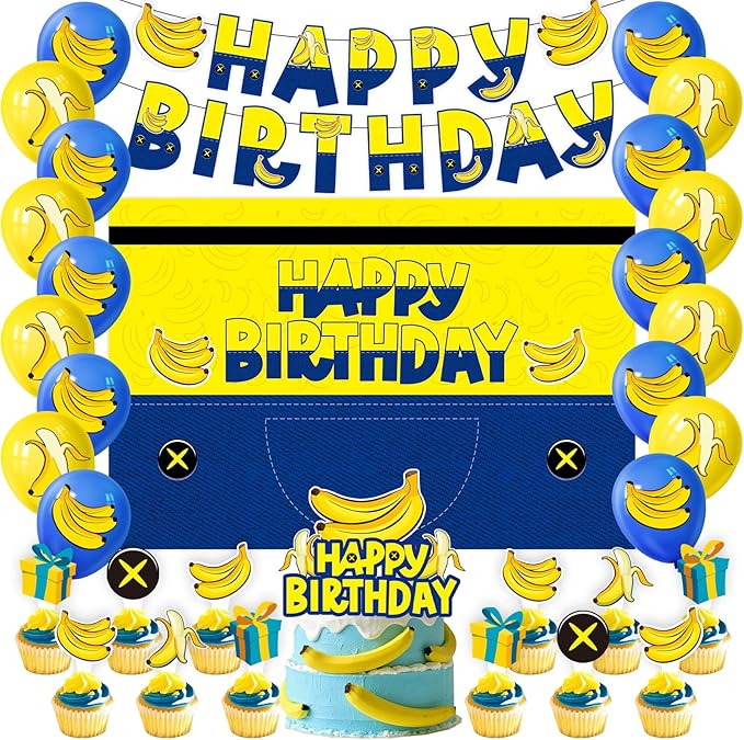 Yellow Cartoon Birthday Party Supplies, Yellow Jeans Cartoon Theme Party Decorations Including Birthday Banner, Backdrop, Balloons, Cupcake Toppers