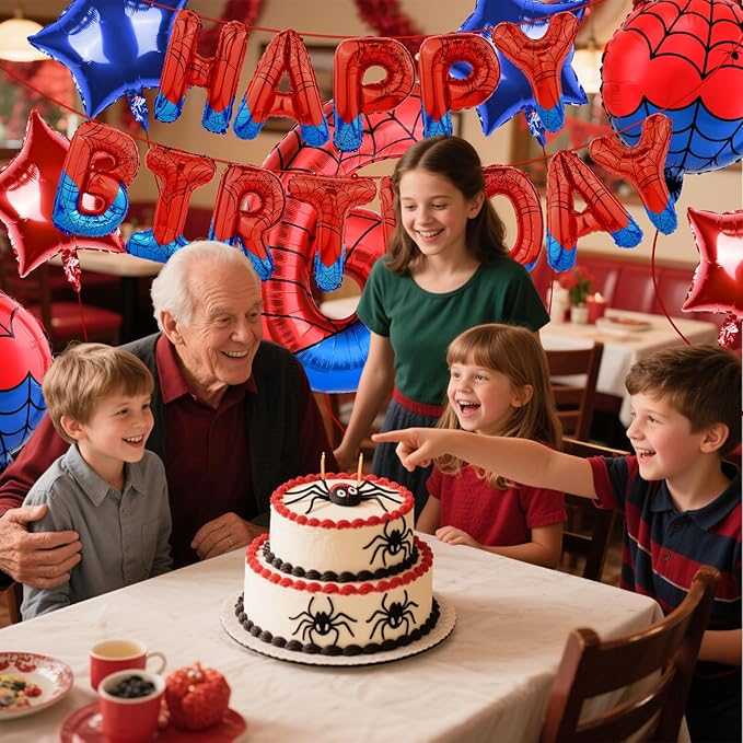 Spider Themed Happy Birthday Banner Party Decorations Set Including 40 Inch Number 6 Foil Balloons, Themed Party Essentials, Colorful Superhero Backdrop Supplies for Boys Indoor Outdoor Celebration