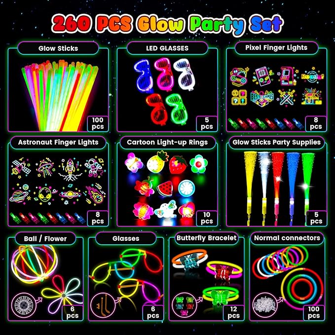 LovesTown 260PCS Glow in the Dark Party Supplies for Kids Adults, Light up Party Favors with LED Glasses Glow Sticks Finger Lights Light up Rings for Easter Basket Stuffers Raves Accessories