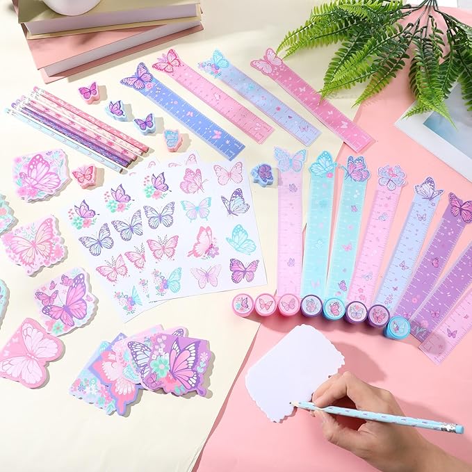 Pajean 168 Pcs Butterfly Party Favors Set Butterfly Fairy Stationery Bulk for Kids Purple Pink Pencil Notebook Ruler Stamp Goodie Bag Stuffers for Spring Birthday Tea Party Items Rewards