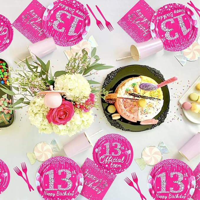 96 Pcs 13th Birthday Party Supplies Disposable Hot Pink 13 Plates and Napkins Tableware Set 13th Birthday Decorations for Girls Thirteen Official Teenager Happy 13 Years Old birthday Party Serves 24