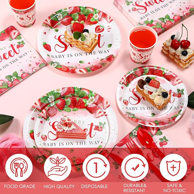 Dandat 350 Pcs Baby Shower Plates Set Baby Shower Party Supplies Serves 50 Tableware Sets Include Plates Napkin Cup Forks Knives Spoons Disposable Dinnerware(Strawberry,Red)