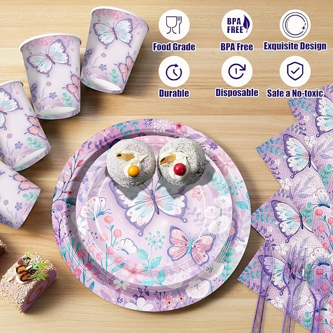 168pcs Butterfly Party Decorations Purple Butterfly Plates and Napkins Tableware Set Disposable Paper Cups Flower and Butterfly Birthday Party Supplies for Kids Birthday Decor Serves 24 Guest