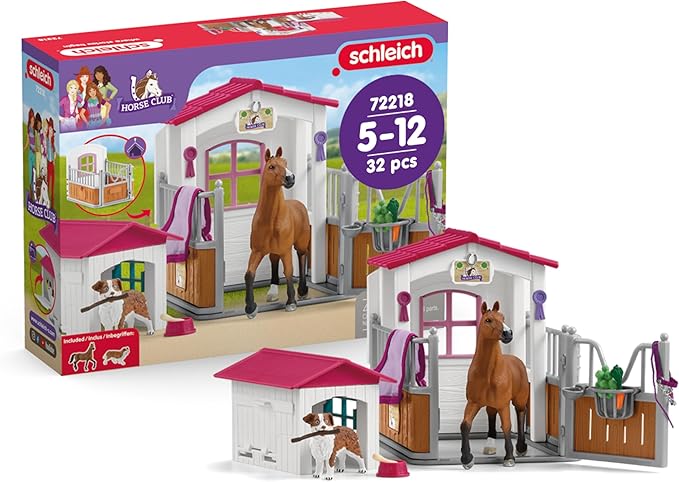 Schleich Horse Club - 32PC Horse Stall and Doghouse Playset - Realistic Racehorse and Dog Figurines with Tack Accessories - Equestrian Toys for Imaginative Play - Boys and Girls 5+ | 72218