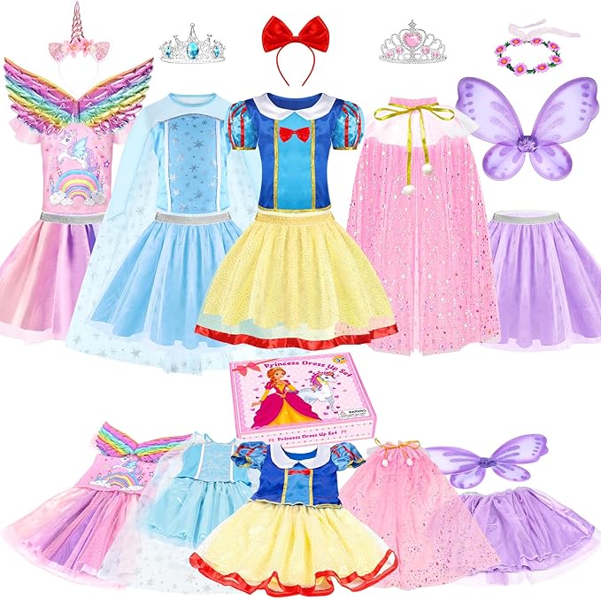 Princess Dress Up, Toddler Dress Up with Princess Costumes and Toys, Butterfly & Unicorn Dress with Fairy Wings, Pretend Play for Toddlers 3-6, Halloween Christmas Birthday Gift for Kids