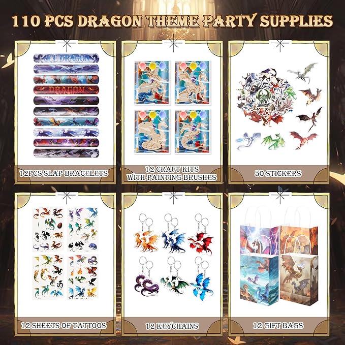 Vanblue 122Pcs Dragon Party Favors Dragon Birthday Party Decorations Goodie Bags Stuffers Fillers Gift Bags for Birthday, Themed Party Supplies Classroom Rewards Gifts for Boy Girls