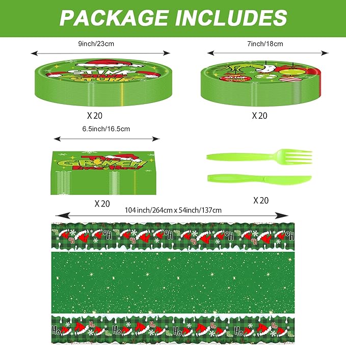 101 PCS Grinchmas Plate Set Christmas Tableware Set for Christmas Party Supplies Birthday Party Decoration