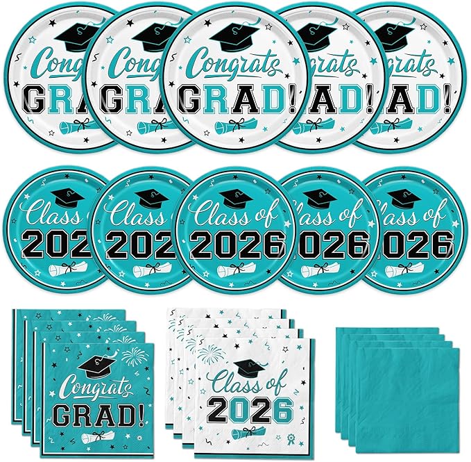 Graduation Teal Party Supplies Kit, Graduation Decorations 2026, Dinner Plates Dessert Plates and Napkins for Congrats Grad Party Decorations, Serves 50
