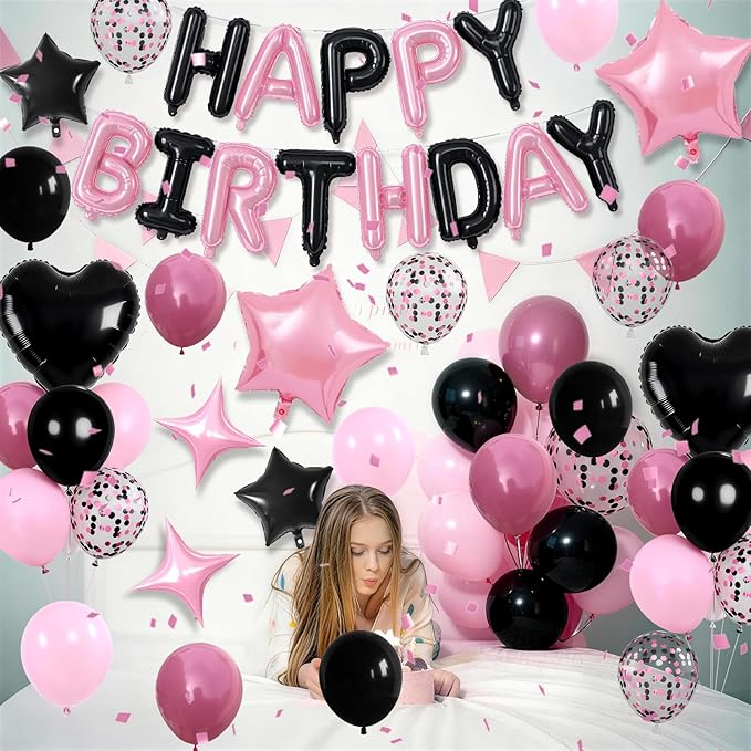 Pink and Black Birthday Decorations for Girls Women Hot Light Baby Pink Black Balloons Confetti Party Balloon Happy Birthday Banner Heart Balloons 18/10 Inch Star Balloon for Bday Party Supplies