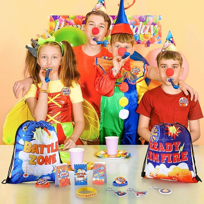 110 Pcs Dart Battle Party Favors Back to School Gifts Includes Dart Party Favor Bags Silicone Wristbands Badges Notebook Keychain Stickers Bendable Pencil for Birthday