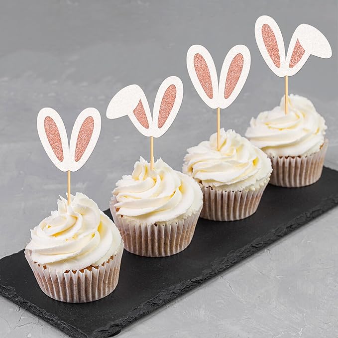 Ercadio 24Pcs Easter Bunny Ear Cupcake Toppers Glitter Rose Gold Rabbit Ears Cupcake Picks Easter Bunny Cupcake Toppers for Rabbit Kids Birthday Baby Shower Easter Wedding Anniversary Party Supplies
