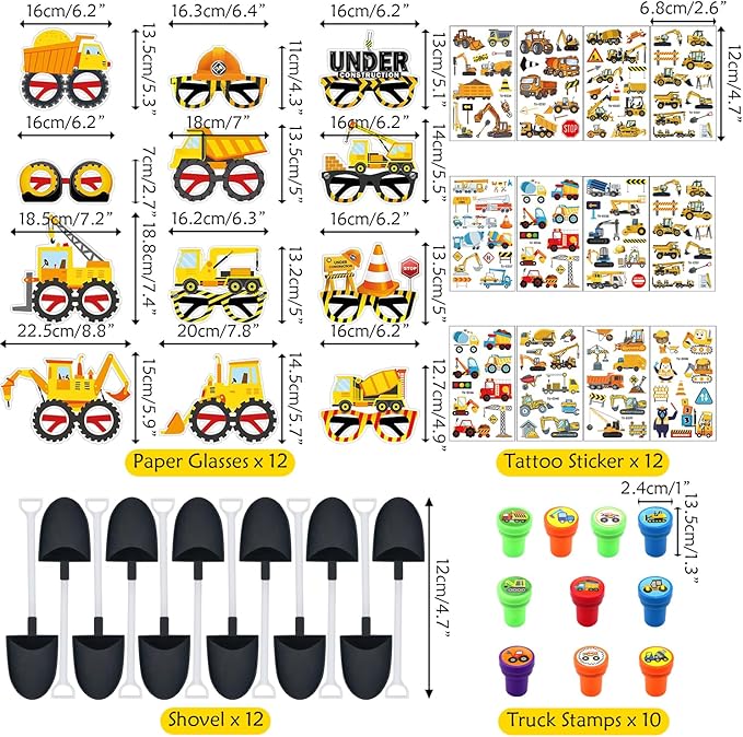 Construction Party Favors Supplies -Including Paper Glasses Gift Bag Tattoo Stickers Shovels Slap Bracelets Silicone Wristbands DIY Stickers Stampers, for Digger Theme Kids Students' Party Fillers