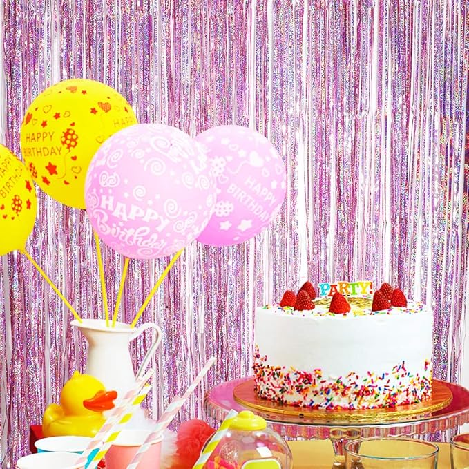 Pink Tinsel Foil Curtain Unicorn Party Supplies Fun Photo Booth Backdrop Props for Baby Shower Wedding Girls Birthday Iridescent Party Decorations(2 Packs, 3.2 * 6.5 Ft)