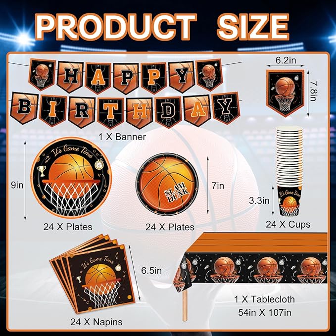 Basketball Party Decorations 98Pcs Basketball Birthday Party Decorations Suppiles Set Include Dinner Plates, Dessert Plates, Napkins, Cups, Banner and Tablecloth Basketball Theme Party Favors Kit