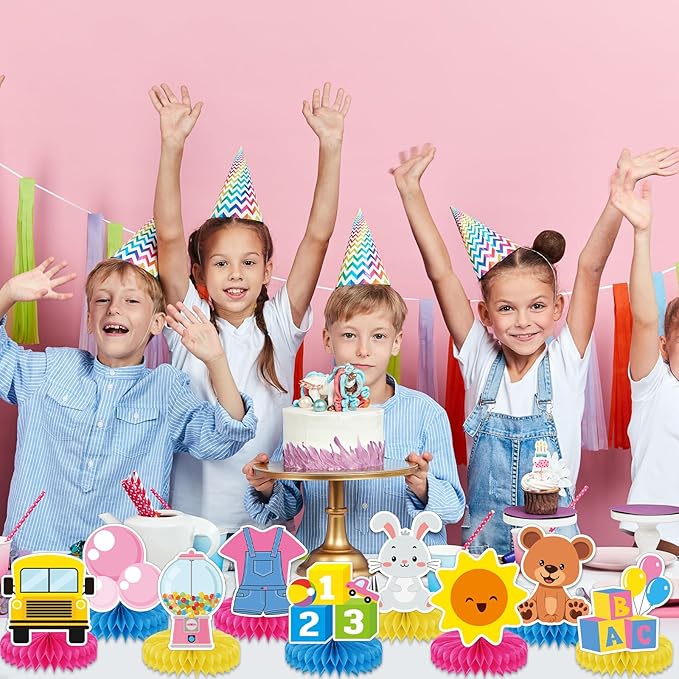9Pcs Girls Party Decorations Cartoon Teacher Honeycomb Centerpieces Cartoon Girl Table Centerpieces Decorations English Teacher School Bus Table Topper for Kids Birthday Baby Shower Party Supplies