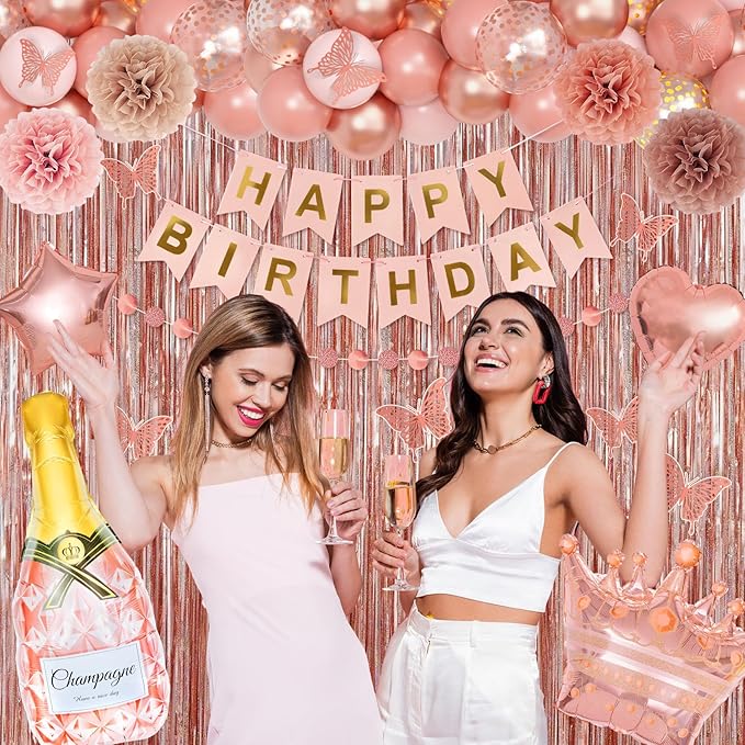 Ouddy Life Rose Gold Birthday Party Decorations for Women Girls, Happy Birthday Banner, Pink Foil Confetti Balloons, Fringe Curtain, Cake Topper, Pompoms, Princess Wedding Baby Shower Party Supplies