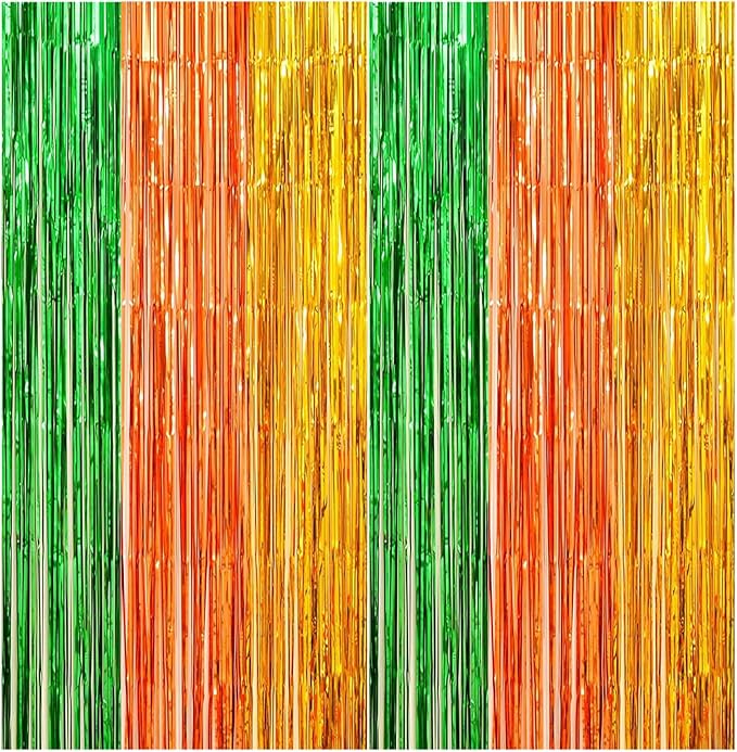 2 Pack Construction Foil Fringe Curtains, 3.3x6.6 Ft Orange Gold and Green Tinsel Backdrop Party Decorations Door Streamers for Birthday St. Patrick's Day Engagement Decor,Photo Booth Props