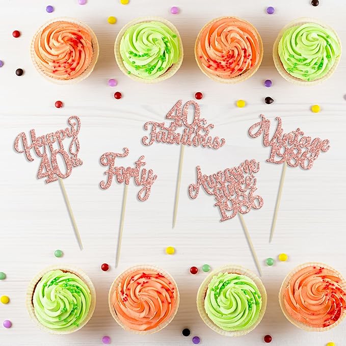 30Pcs Vintage 1986 Cupcake Toppers Glitter Forty 40 Fabulous Happy 40th Birthday Cupcake Picks Cheers to 40 Years for 40th Birthday Anniversary Party Cake Decorations Supplies Rose Gold