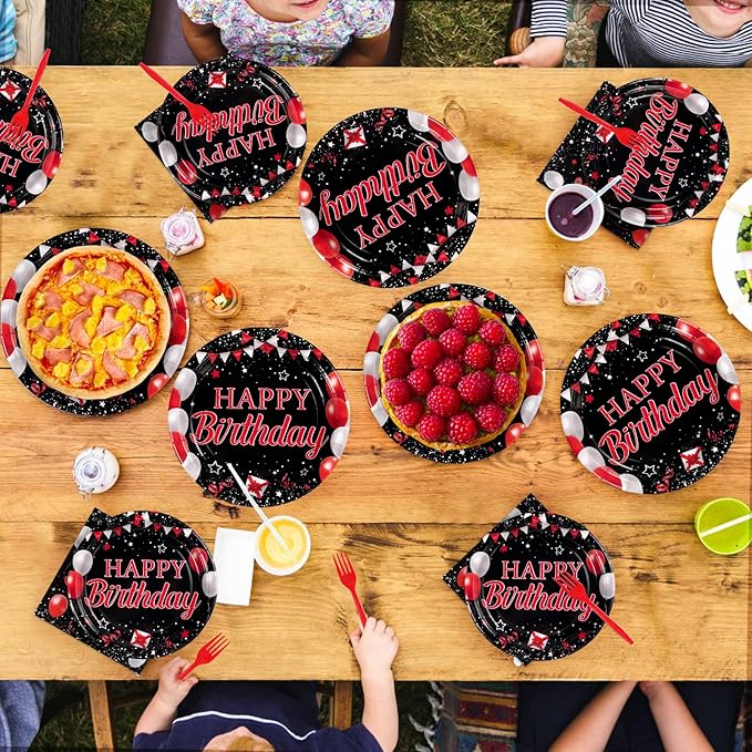 Grencian 96Pcs Red and Black Birthday Party Decorations Valentine's Day Red and Black Plates and Napkins Disposable Tableware Set for Birthday Valentine's Day Party Supplies, Serves 24