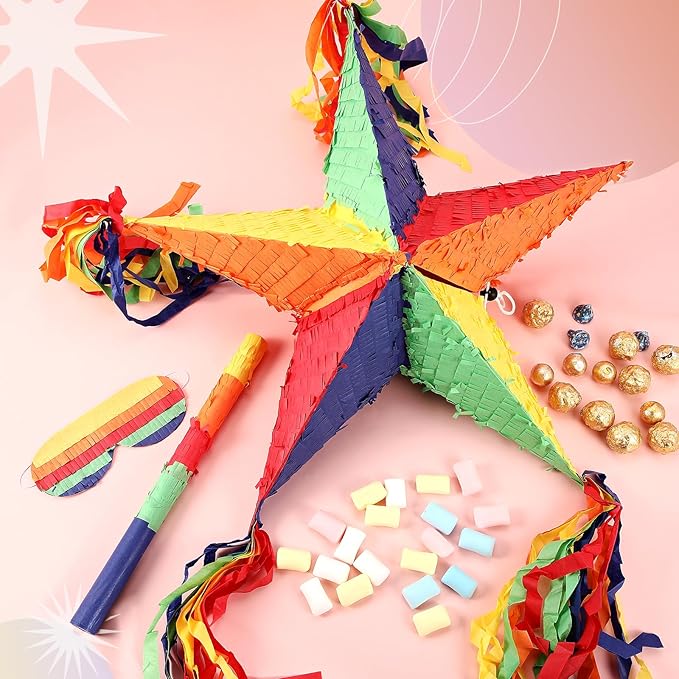 Hanaive Foil Star Piñata with Blindfold and Bat for Birthday Foldable Star Shape Piñata with Stick Festive Fiesta Party Supplies Favors for Mexican Party(Multicolor)