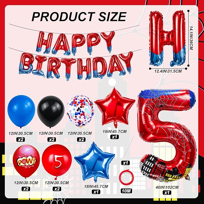 Cartoon Hero 40 Inch Red and Blue Spider Theme Number Foil Birthday Decoration Balloon, Spider Theme Happy Birthday Banner Party Decoration Balloon, Letter Logo Superhero Party Supplies (5)