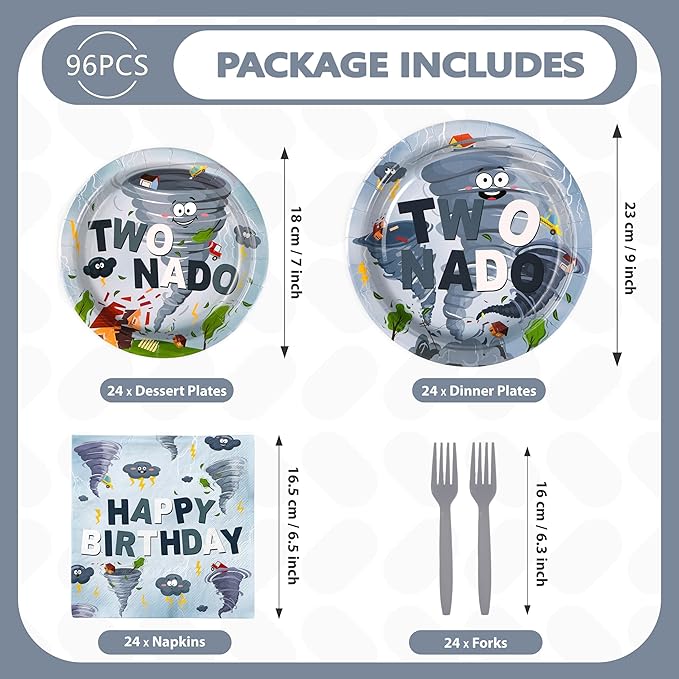 96Pcs Twonado Birthday Party Decorations Grey Tornado 2nd Birthday Plates and Napkins Disposable Tornado Paper Tableware for Boys Kids 2 Year Old Party Supplies, Serves 24