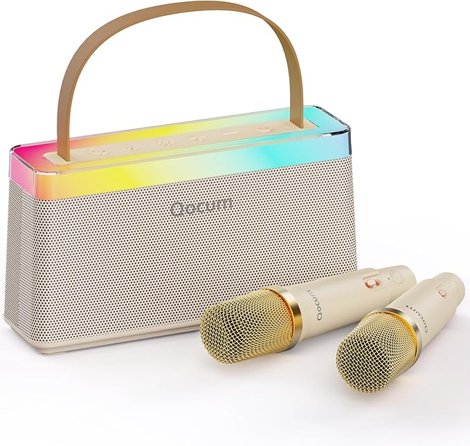 Karaoke Machine for Kids, Mini Karaoke Machine with 2 Wireless Microphones, Dual Speakers, RGB Dance Light, Voice Changer, TWS Mode, Perfect as Birthday Toy Gift for Kids Aged 4-12(Brown)